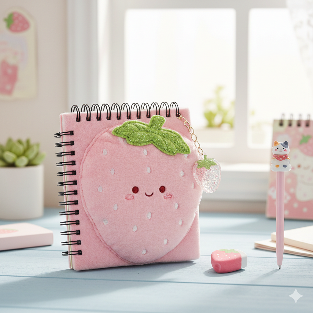 Imagem gerada por ia de uma agenda com um morango fofo, uma lapiseira com um gatinho na ponta e uma borracha.